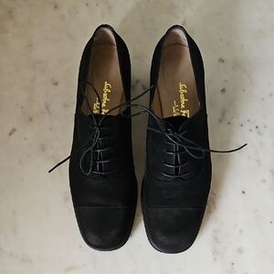 FERRAGAMO: Classic Black Suede Square Toe Oxfords